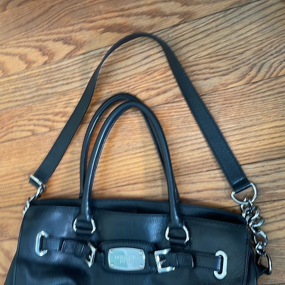 Michael Kors Black Pebbled Leather Hamilton‎ Belted Satchel Silver Hardware Bag - Picture 11 of 12